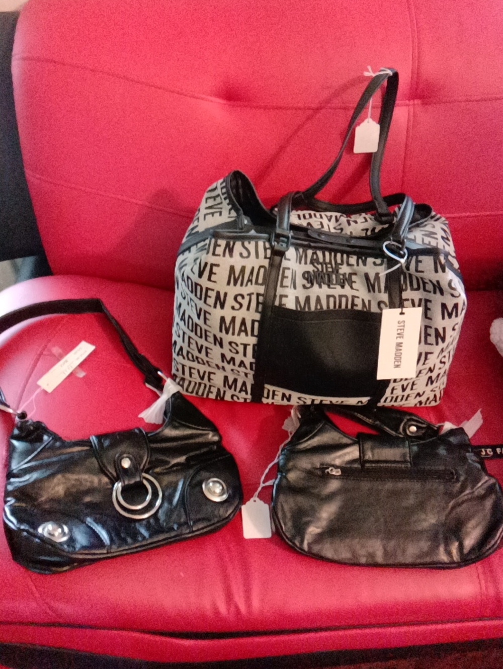 Steve Madden Black & Tan Logo Canvas Tote & 2 Identical Black Purse Bundle